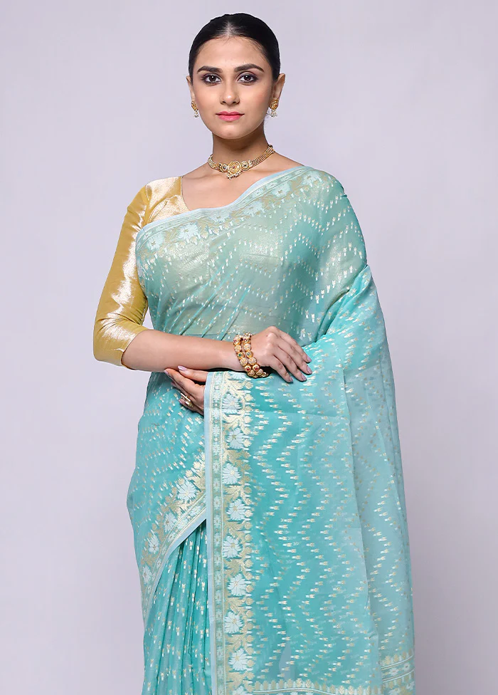 Blue Kora Silk Saree With Blouse Piece - Image 2
