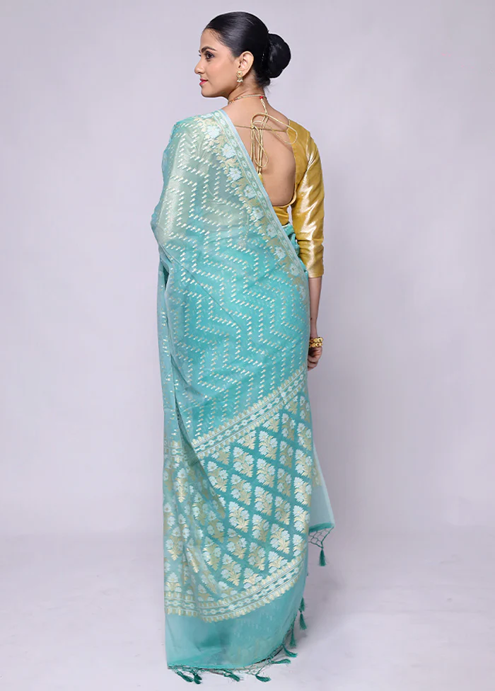 Blue Kora Silk Saree With Blouse Piece - Image 3