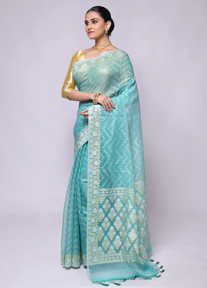 Blue Kora Silk Saree With Blouse Piece - Image 4