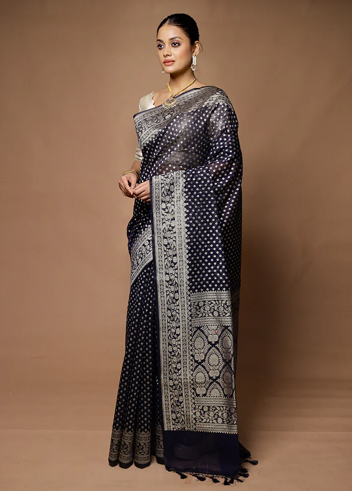 Blue Kora Silk Saree With Blouse Piece - Image 4