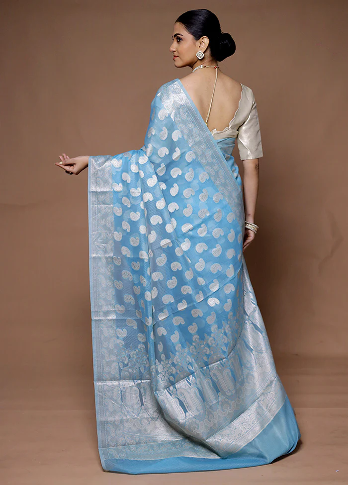 Blue Kora Silk Saree With Blouse Piece - Image 3