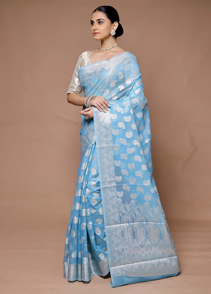 Blue Kora Silk Saree With Blouse Piece - Image 4