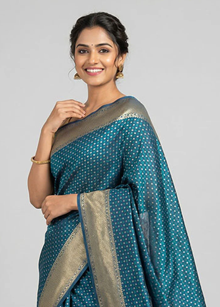 Blue Kora Silk Saree With Blouse Piece - Image 2