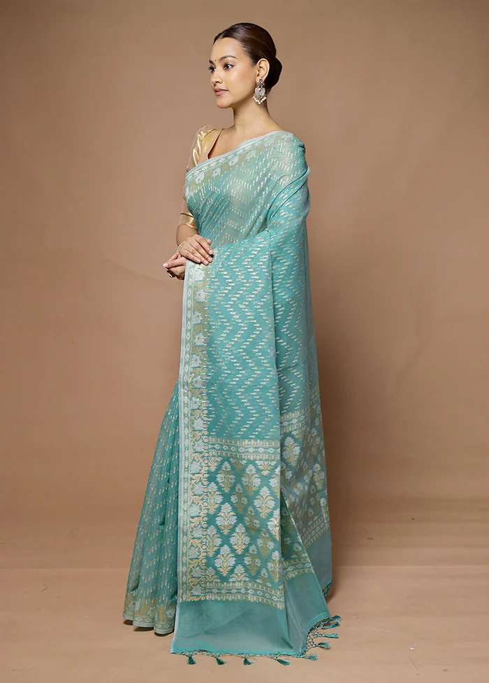 Blue Kora Silk Saree With Blouse Piece - Image 4