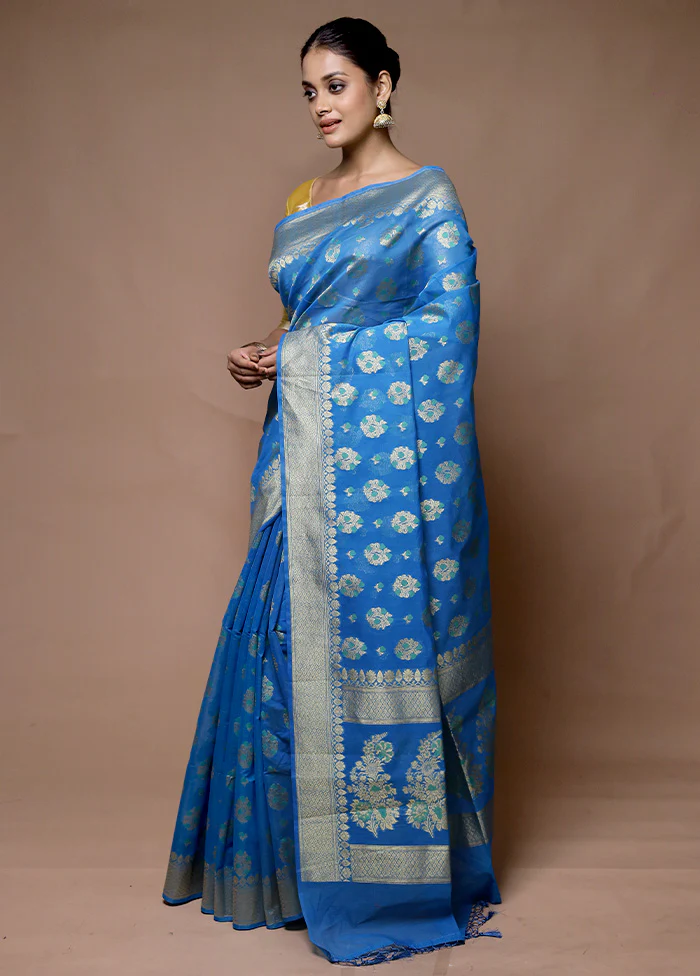 Blue Kora Silk Saree With Blouse Piece - Image 4