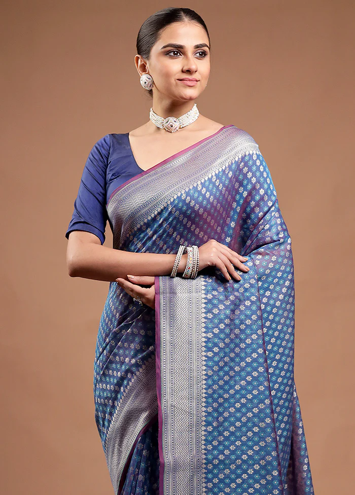 Blue Kora Silk Saree With Blouse Piece - Image 2