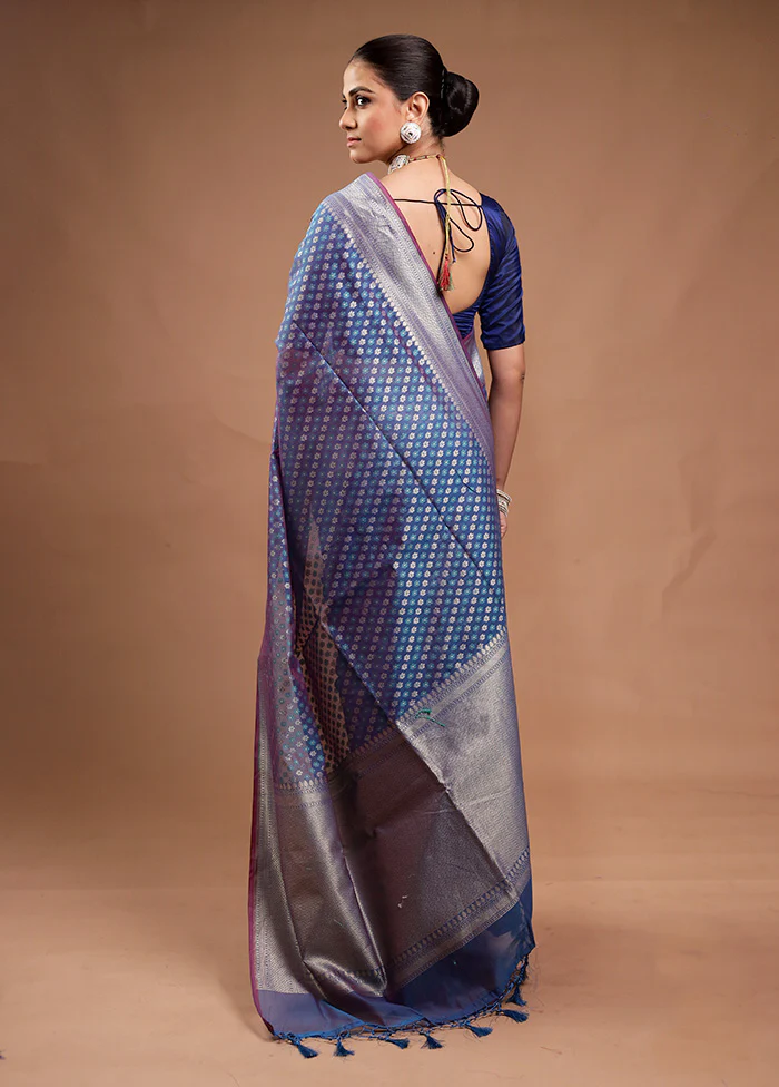 Blue Kora Silk Saree With Blouse Piece - Image 3