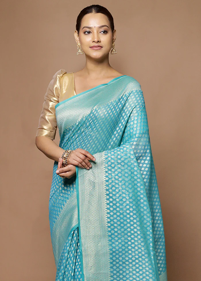 Blue Kora Silk Saree With Blouse Piece - Image 2
