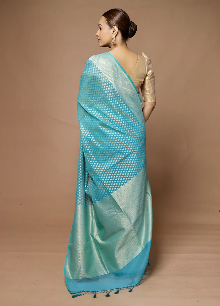 Blue Kora Silk Saree With Blouse Piece - Image 3