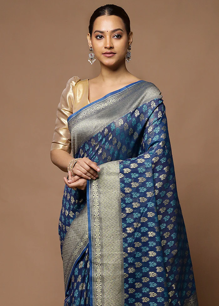 Blue Kora Silk Saree With Blouse Piece - Image 2