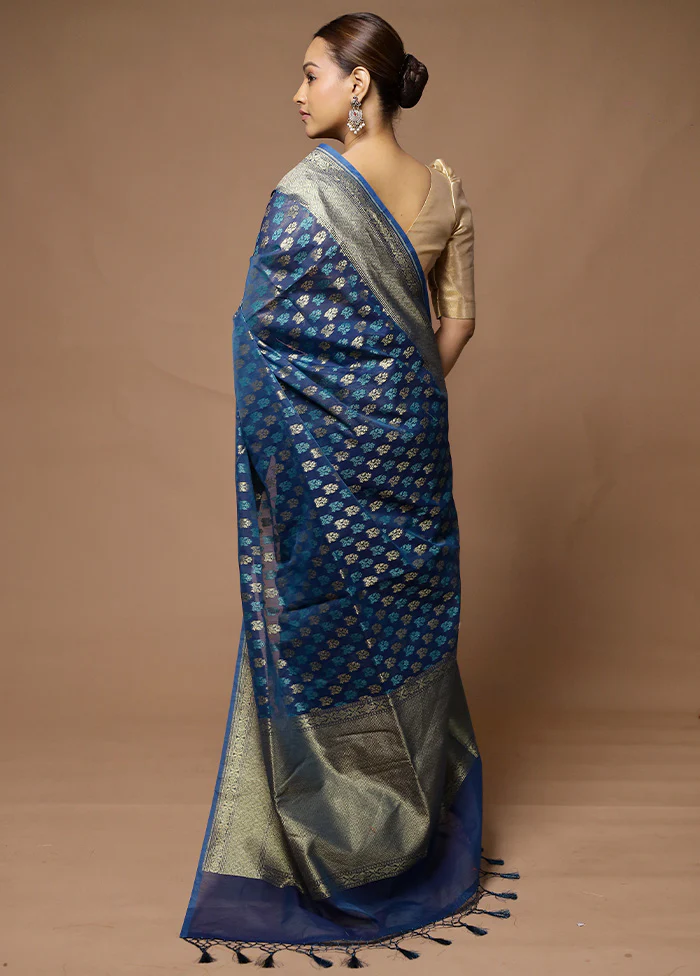 Blue Kora Silk Saree With Blouse Piece - Image 3