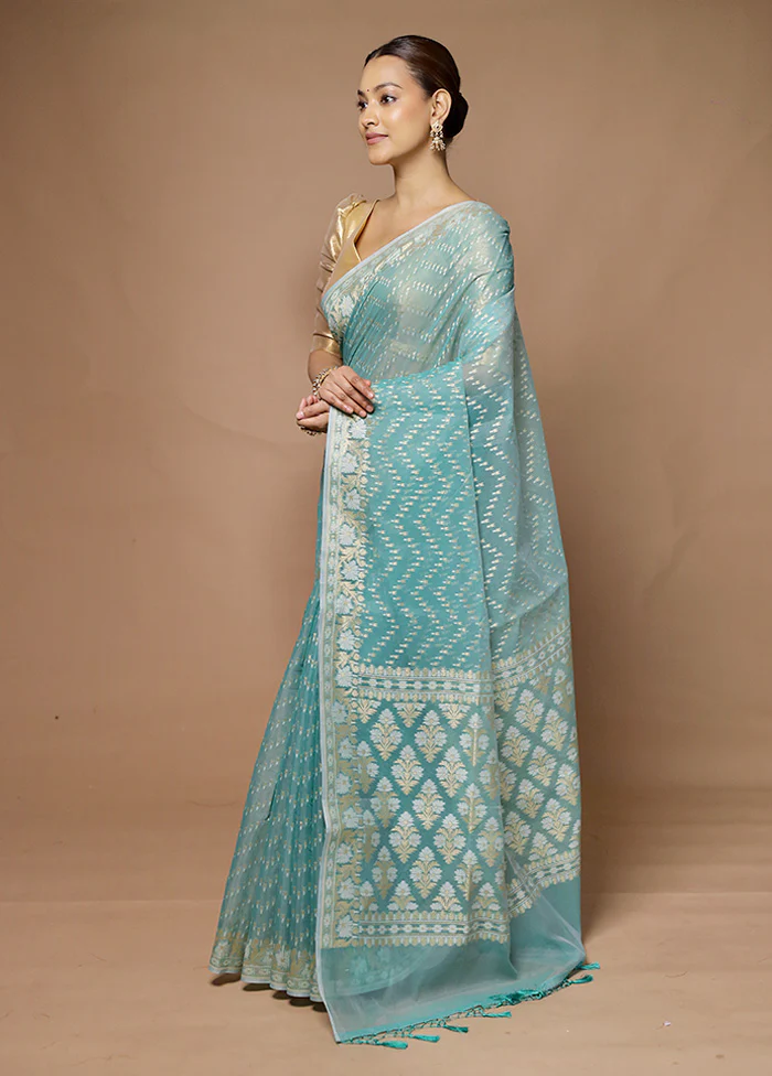 Blue Kora Silk Saree With Blouse Piece - Image 4