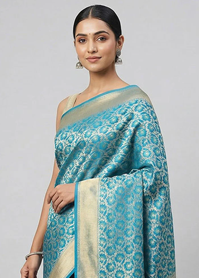 Blue Kora Silk Saree With Blouse Piece - Image 2