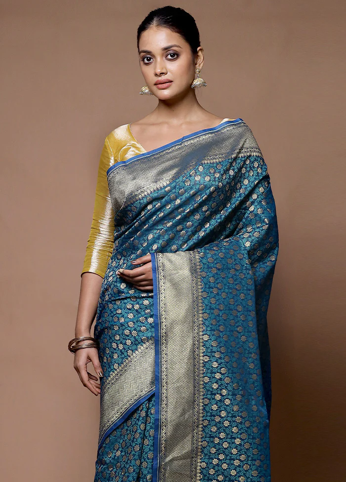 Blue Kora Silk Saree With Blouse Piece - Image 2