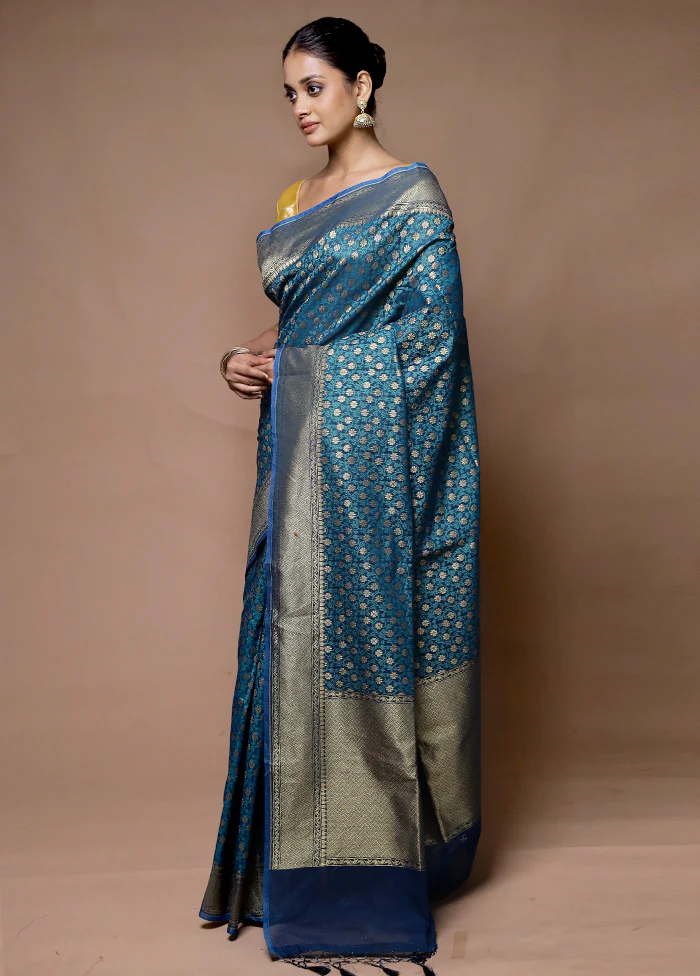 Blue Kora Silk Saree With Blouse Piece - Image 4