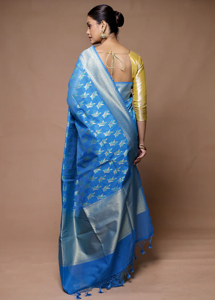 Blue Kora Silk Saree With Blouse Piece - Image 3