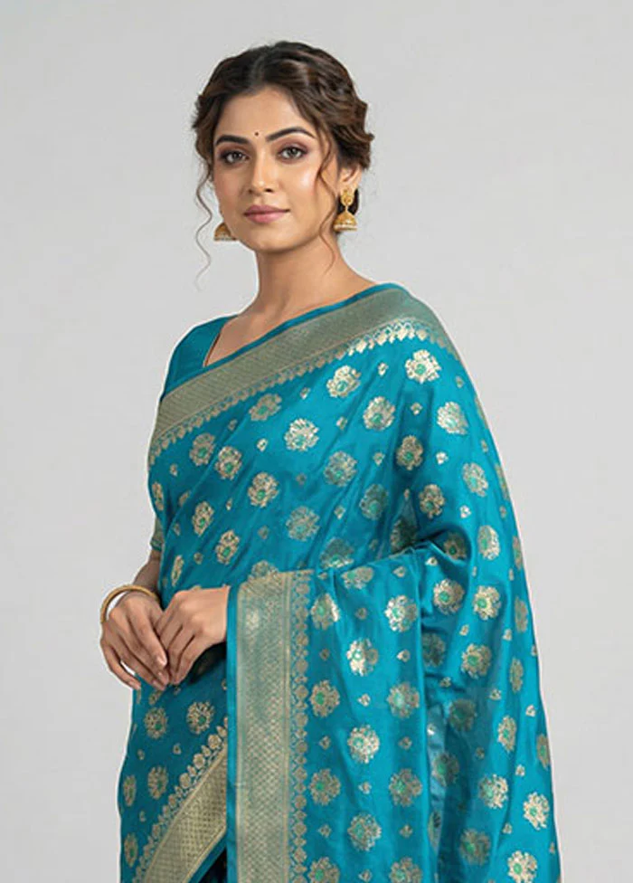 Blue Kora Silk Saree With Blouse Piece - Image 2