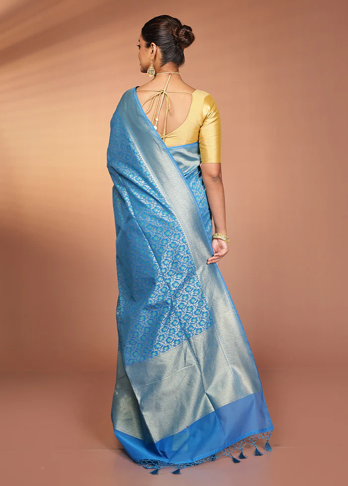 Blue Kora Silk Saree With Blouse Piece - Image 3