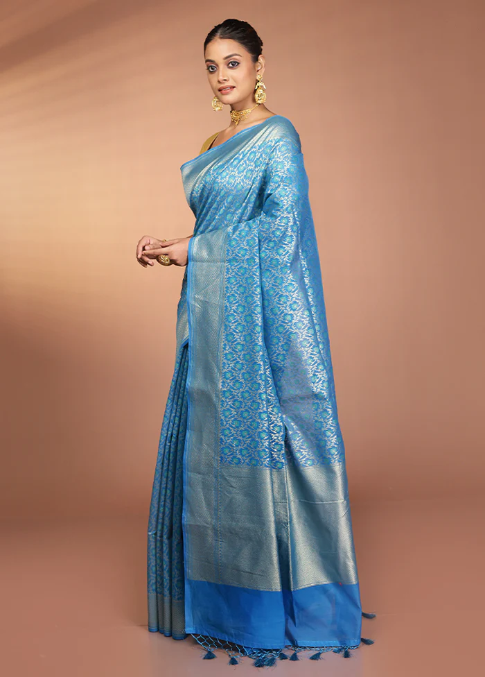 Blue Kora Silk Saree With Blouse Piece - Image 4