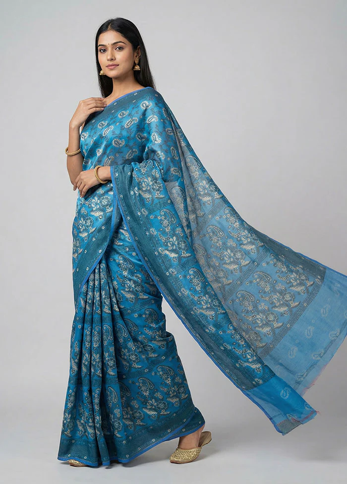 Blue Kora Silk Saree With Blouse Piece