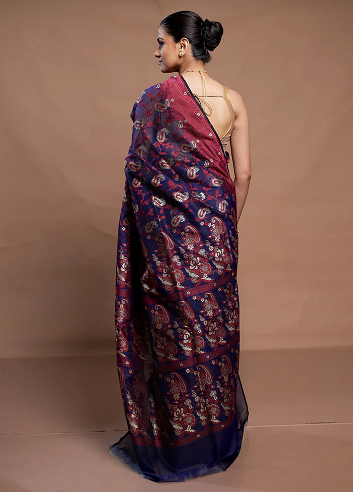 Blue Kora Silk Saree With Blouse Piece - Image 3