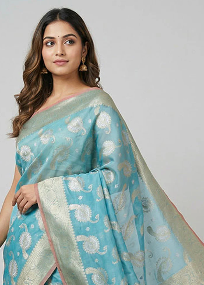 Blue Kora Silk Saree With Blouse Piece - Image 2