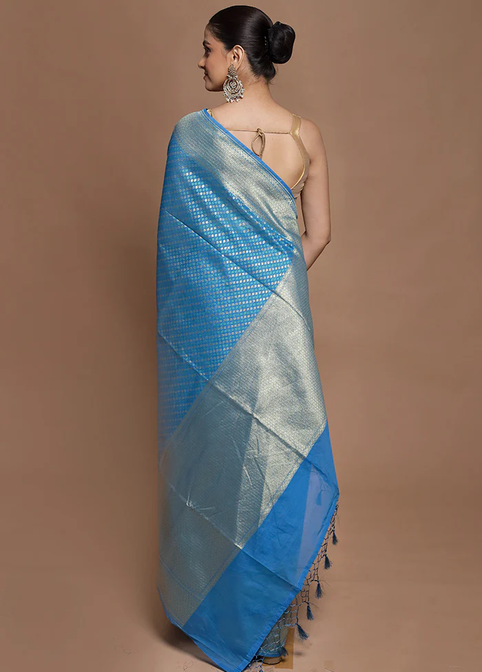 Blue Kora Silk Saree With Blouse Piece - Image 3