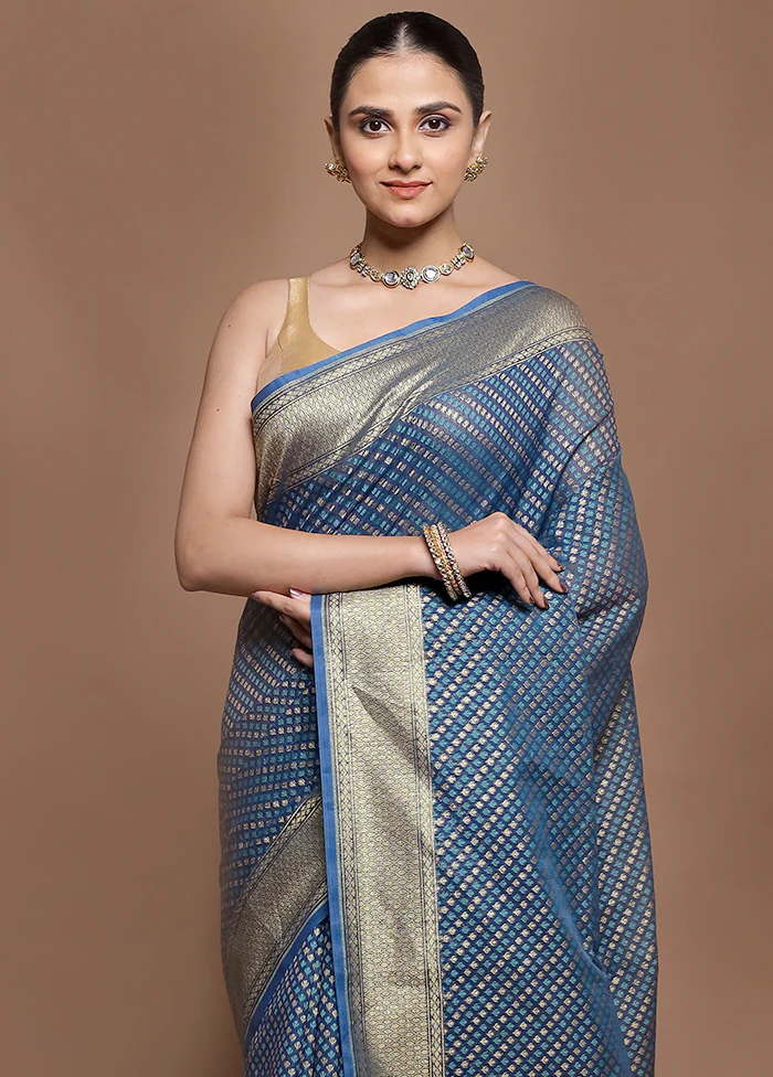 Blue Kora Silk Saree With Blouse Piece - Image 2