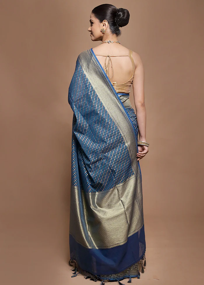 Blue Kora Silk Saree With Blouse Piece - Image 3