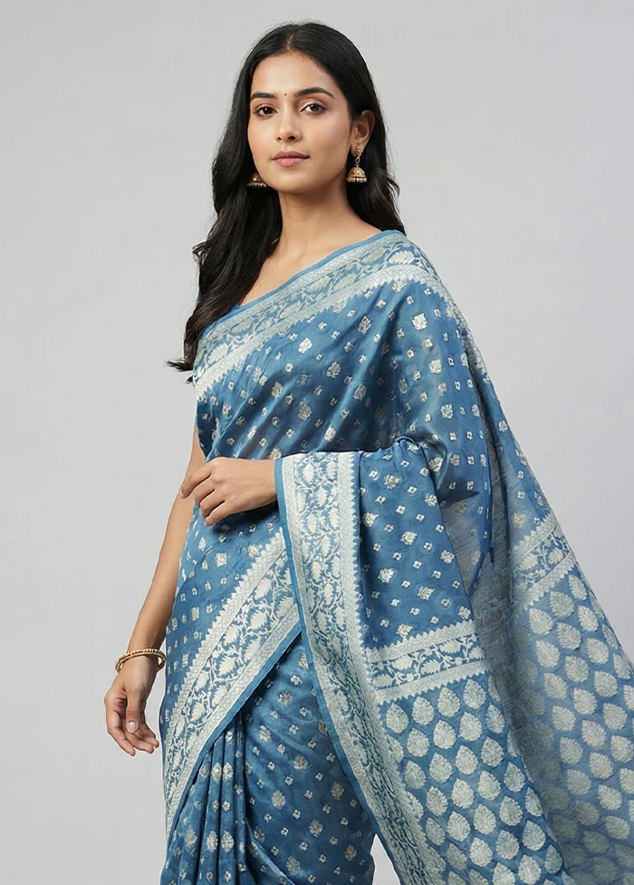 Blue Kora Silk Saree With Blouse Piece - Image 2