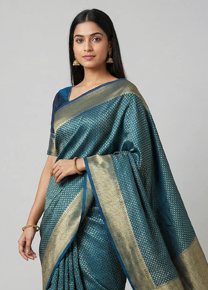 Blue Kora Silk Saree With Blouse Piece - Image 2
