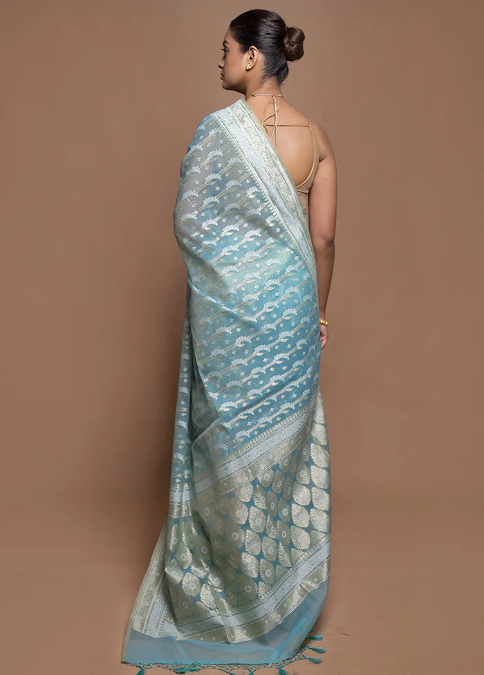 Blue Kora Silk Saree With Blouse Piece - Image 3