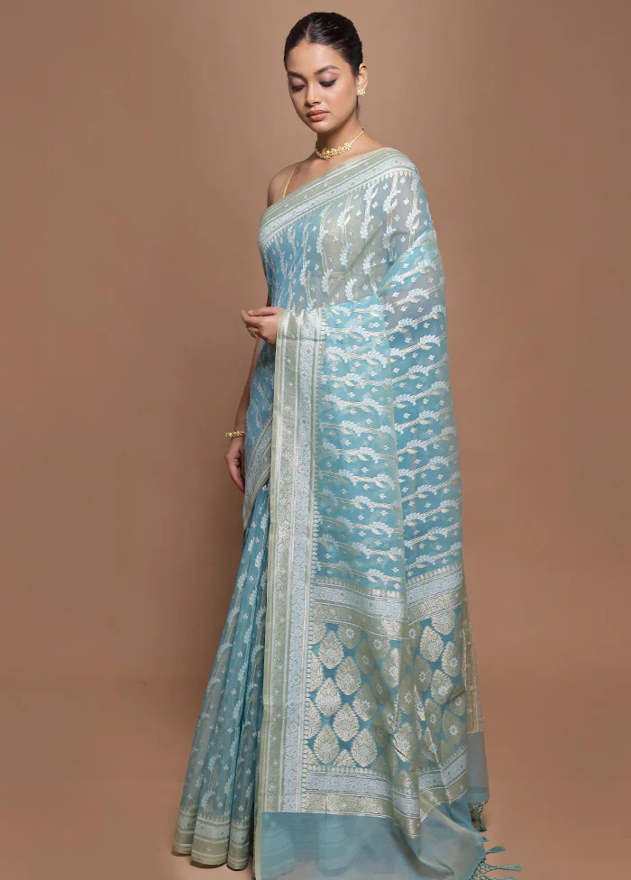 Blue Kora Silk Saree With Blouse Piece - Image 4