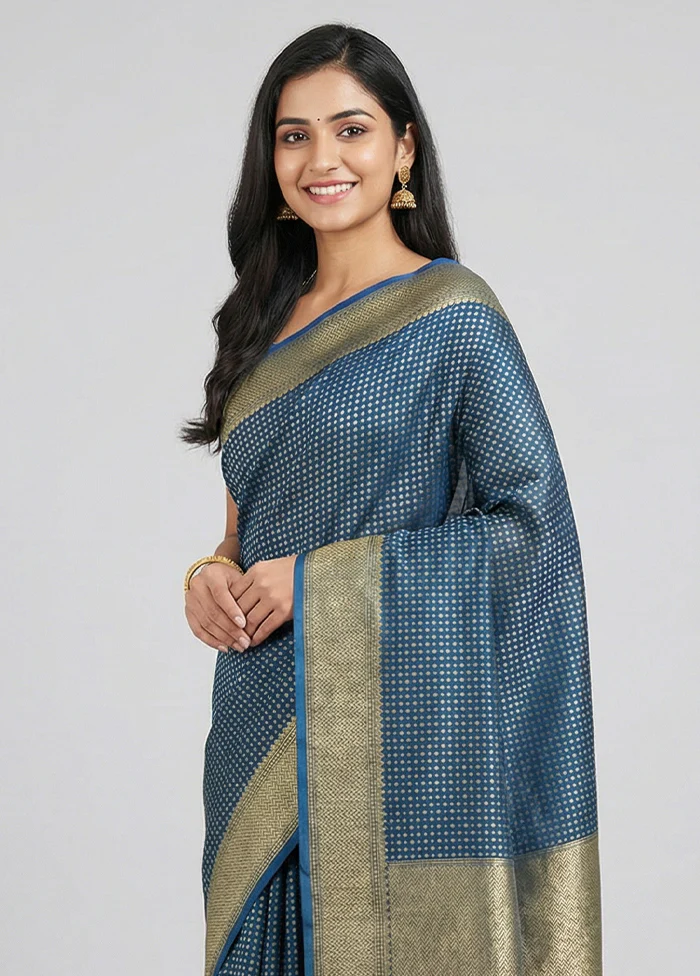Blue Kora Silk Saree With Blouse Piece - Image 2
