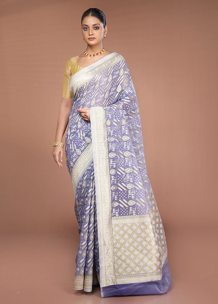 Blue Kora Silk Saree With Blouse Piece - Image 2