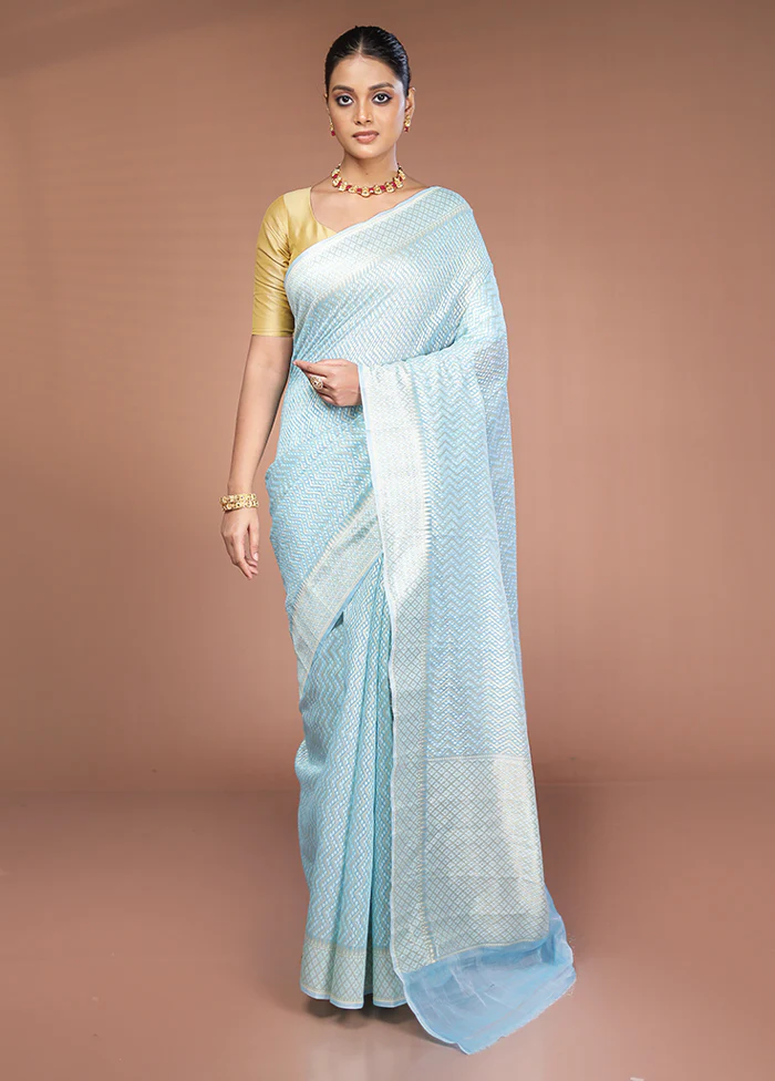 Blue Kora Silk Saree With Blouse Piece - Image 2