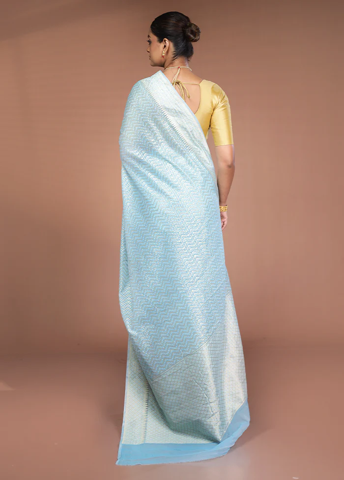 Blue Kora Silk Saree With Blouse Piece - Image 3