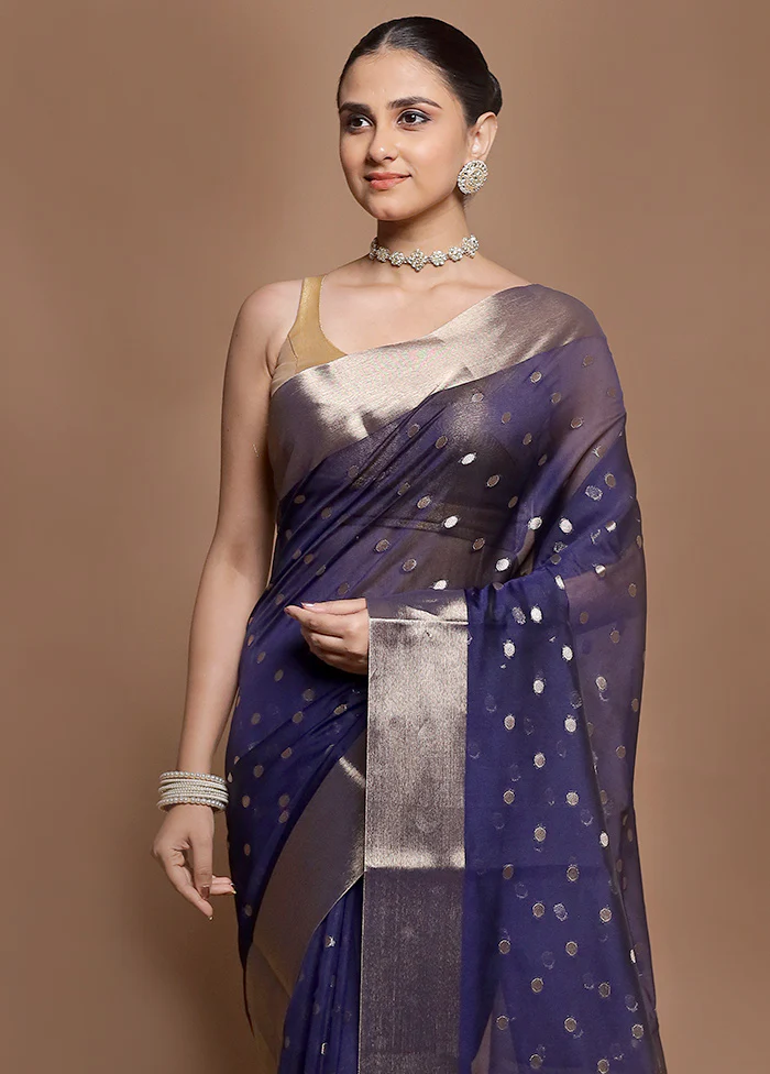 Blue Kora Silk Saree With Blouse Piece - Image 2