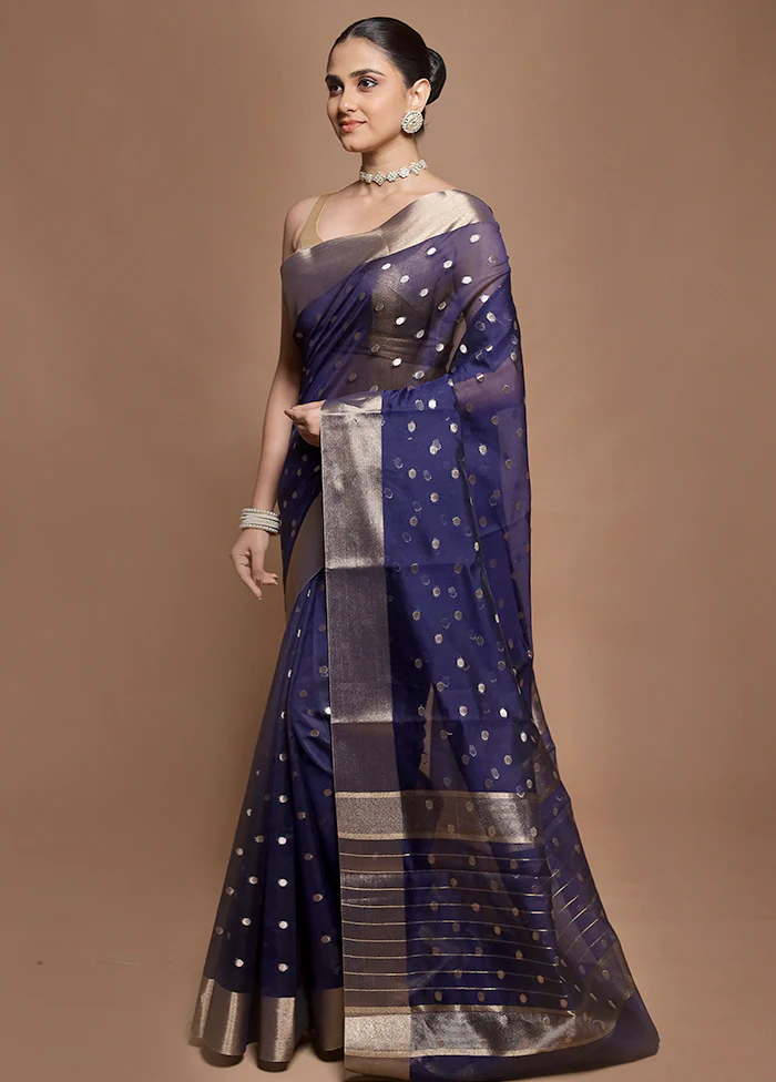 Blue Kora Silk Saree With Blouse Piece - Image 4