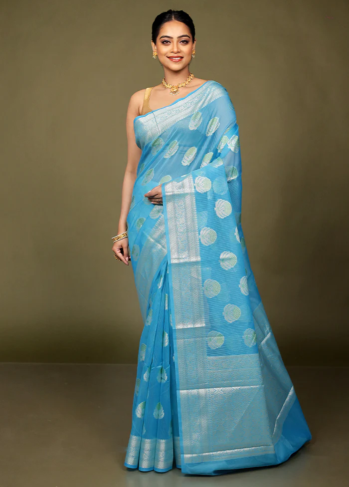 Blue Kora Silk Saree With Blouse Piece - Image 2