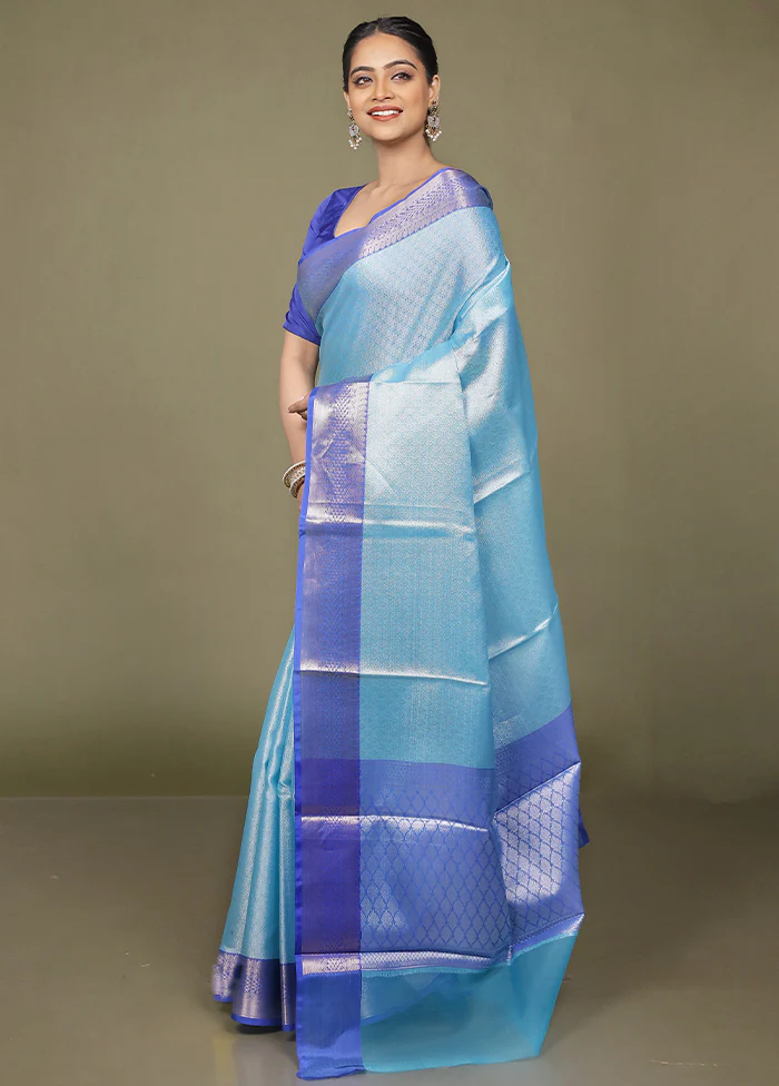 Blue Kora Silk Saree With Blouse Piece - Image 4