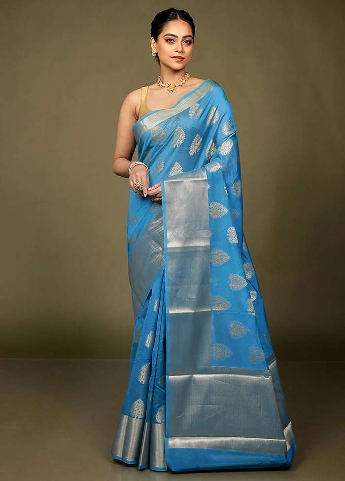 Blue Kora Silk Saree With Blouse Piece - Image 2