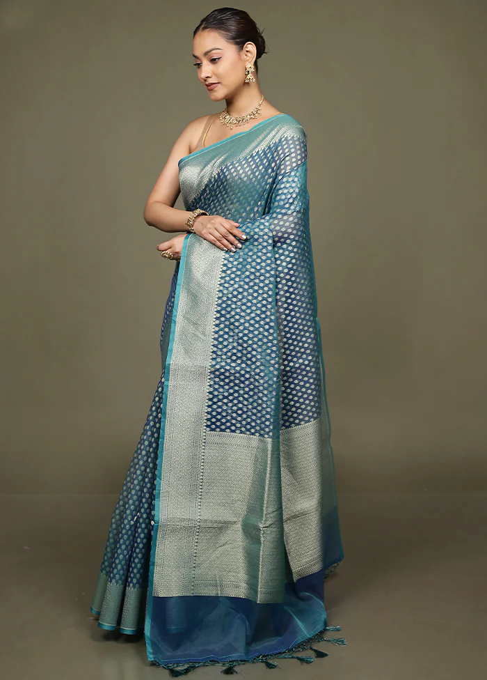 Blue Kora Silk Saree With Blouse Piece - Image 4