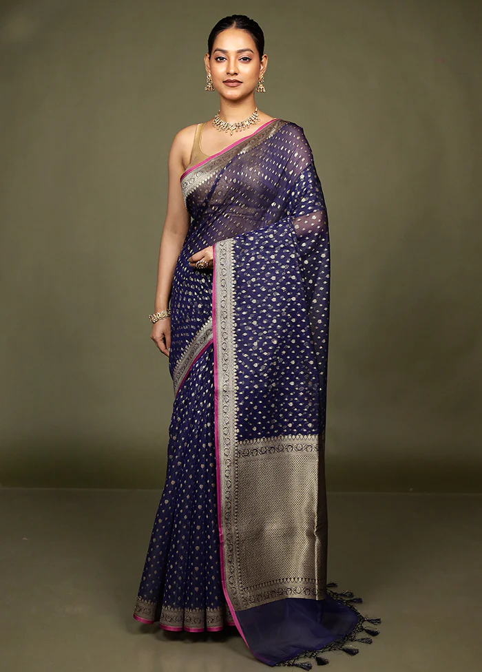 Blue Kora Silk Saree With Blouse Piece - Image 2
