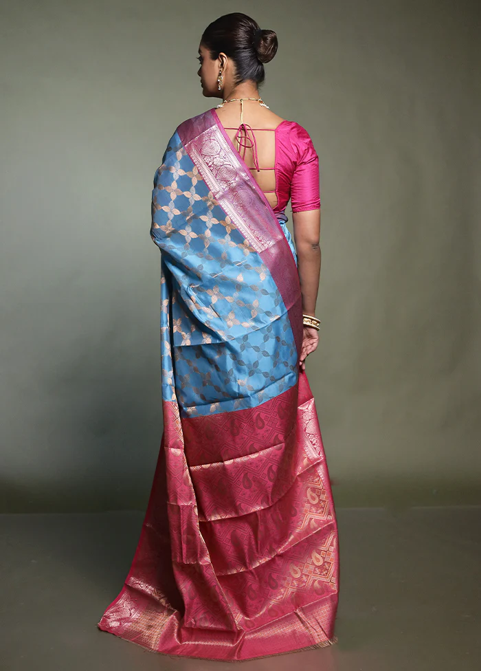 Blue Kora Silk Saree With Blouse Piece - Image 3