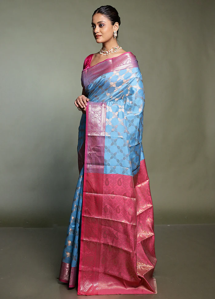 Blue Kora Silk Saree With Blouse Piece - Image 4