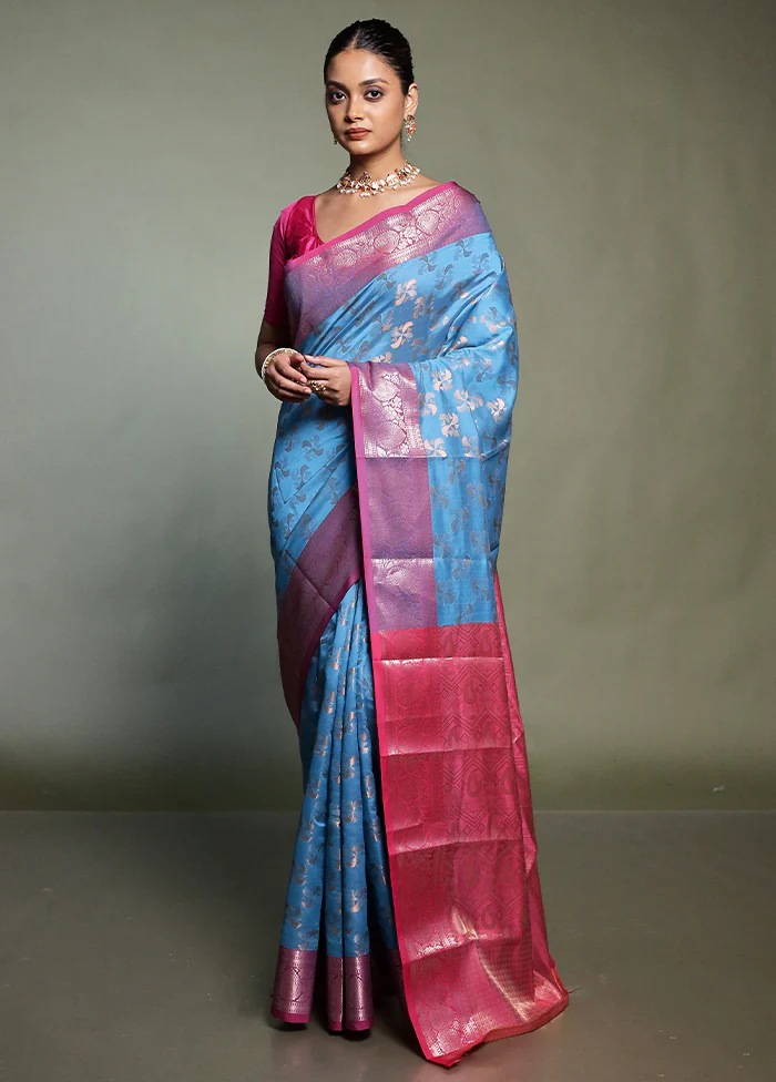Blue Kora Silk Saree With Blouse Piece - Image 2