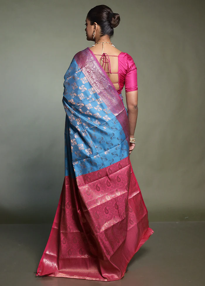 Blue Kora Silk Saree With Blouse Piece - Image 3
