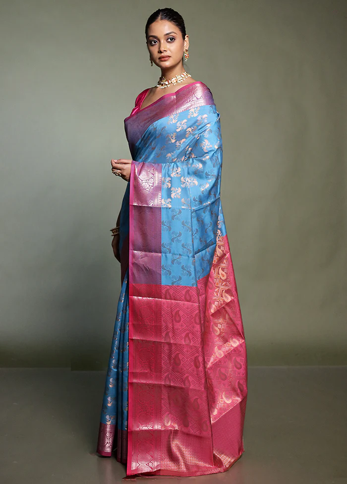 Blue Kora Silk Saree With Blouse Piece - Image 4