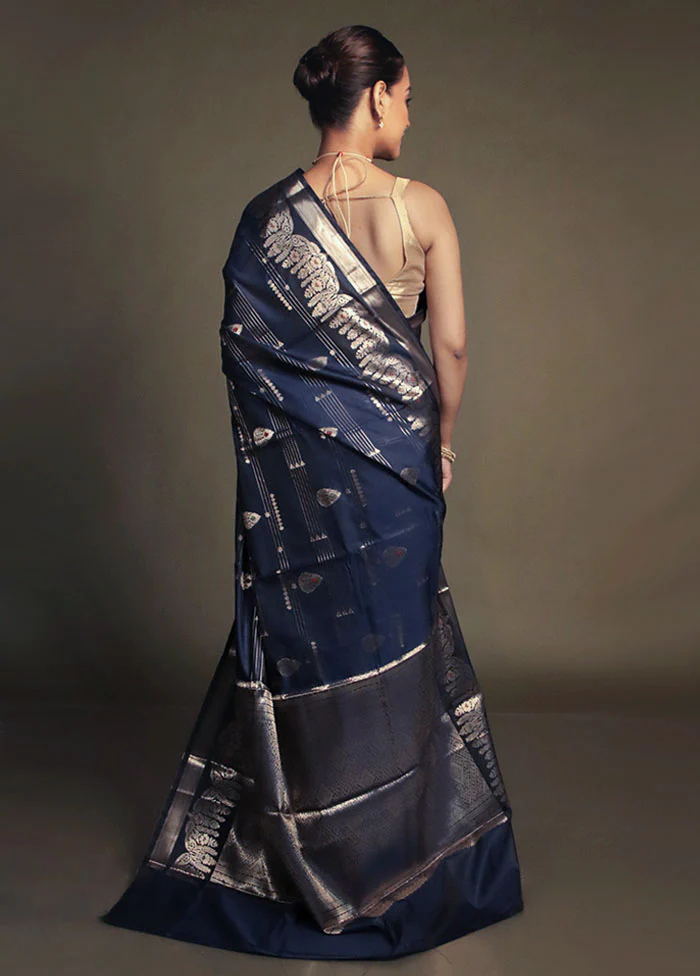 Blue Kora Silk Saree With Blouse Piece - Image 3